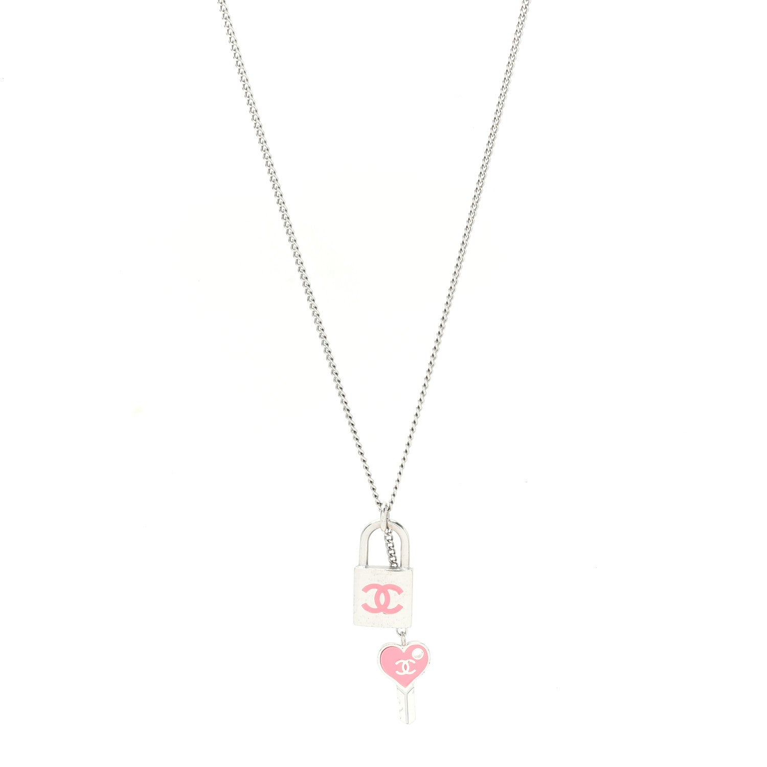Chanel Enamel CC Padlock Heart Key Necklace  Silver Rose Salmon 1 of 5
