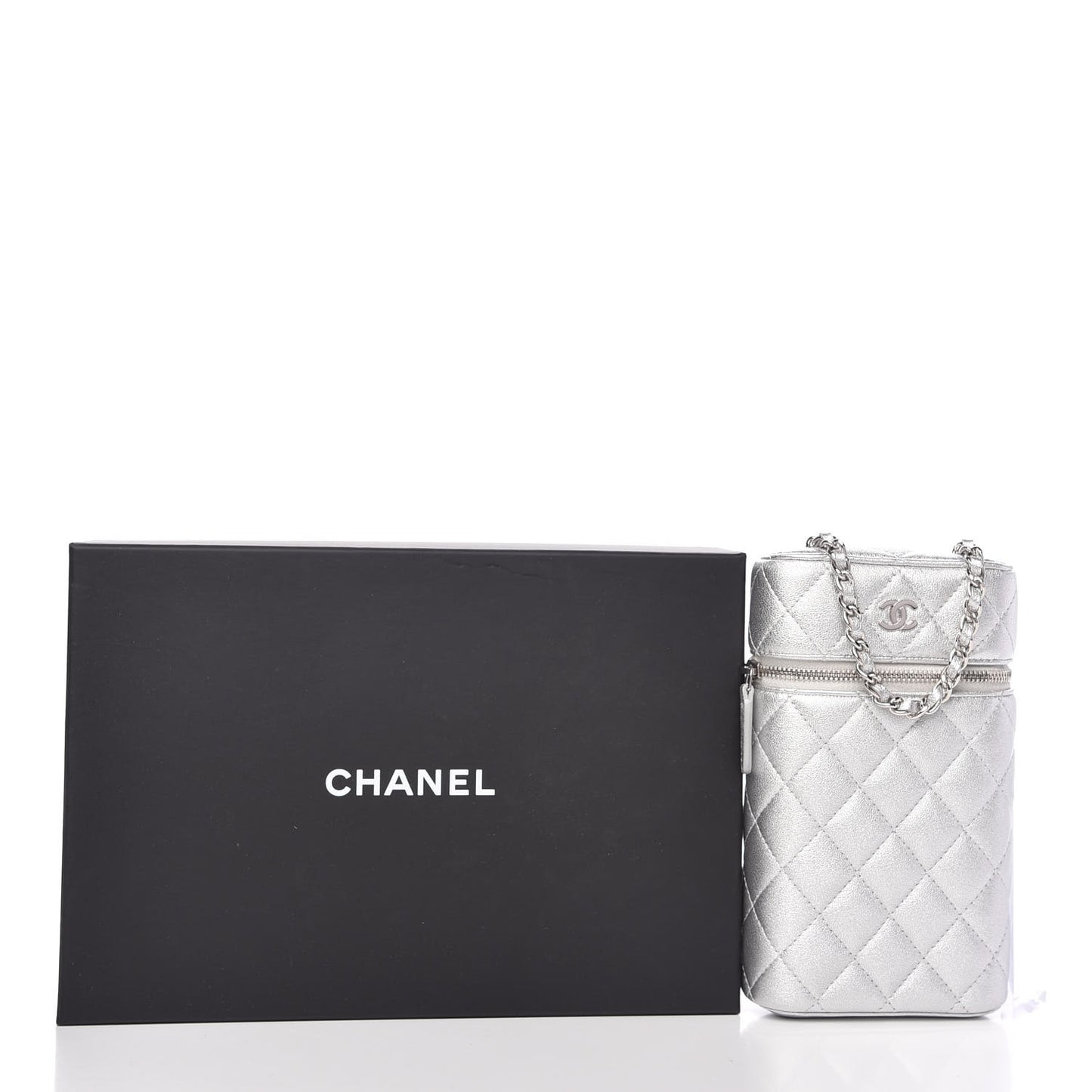 Metallic Lambskin Quilted Phone Holder With Chain Silver