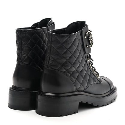 Chanel Shiny Lambskin Quilted Lace Up Combat Boots 38.5 Black 4 of 8