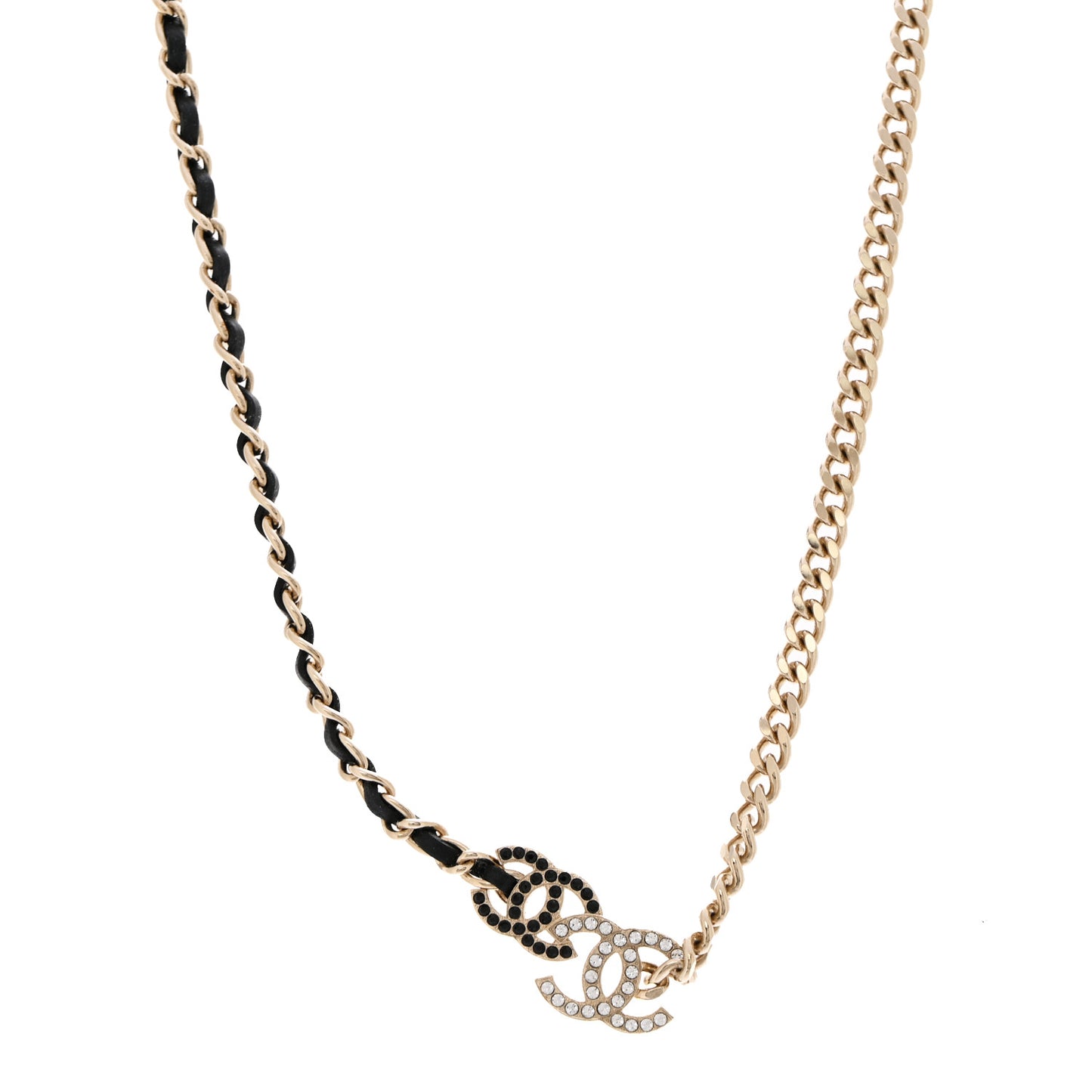 Metal Calfskin Crystal Double CC Short Necklace Black Gold