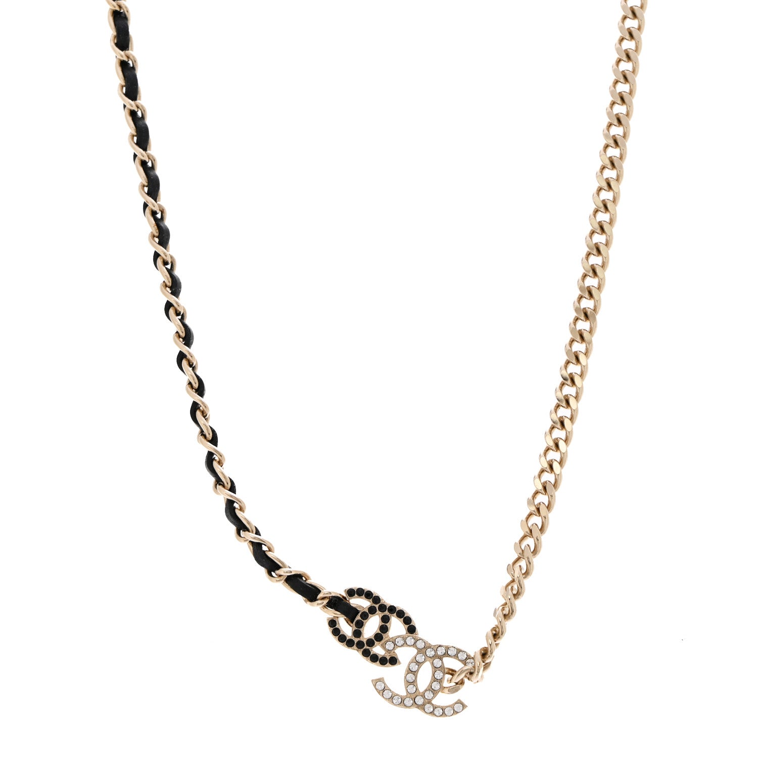 Chanel Metal Calfskin Crystal Double CC Short Necklace Black Gold 1 of 7