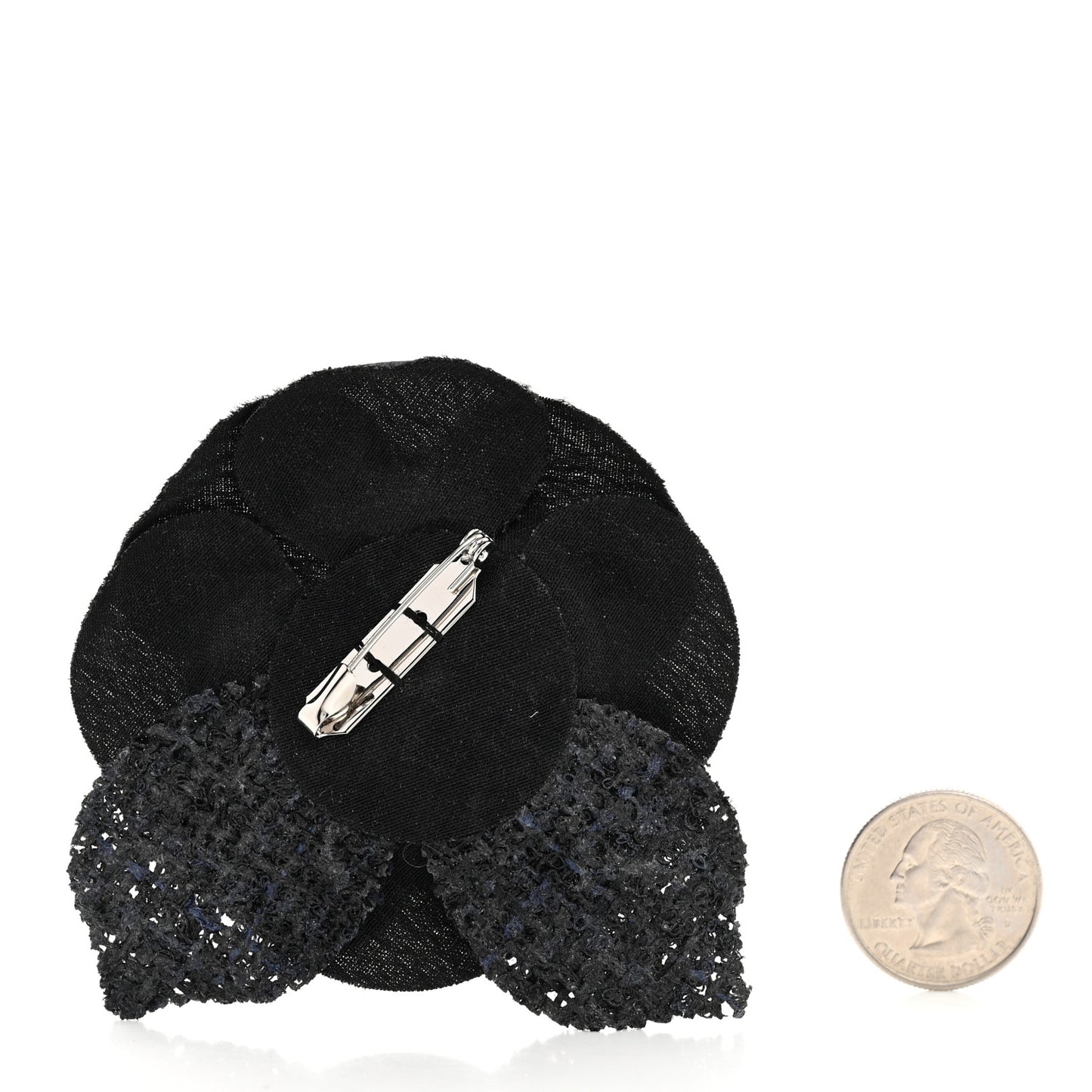 Tweed Fabric Camellia Pin Brooch Navy Blue Black