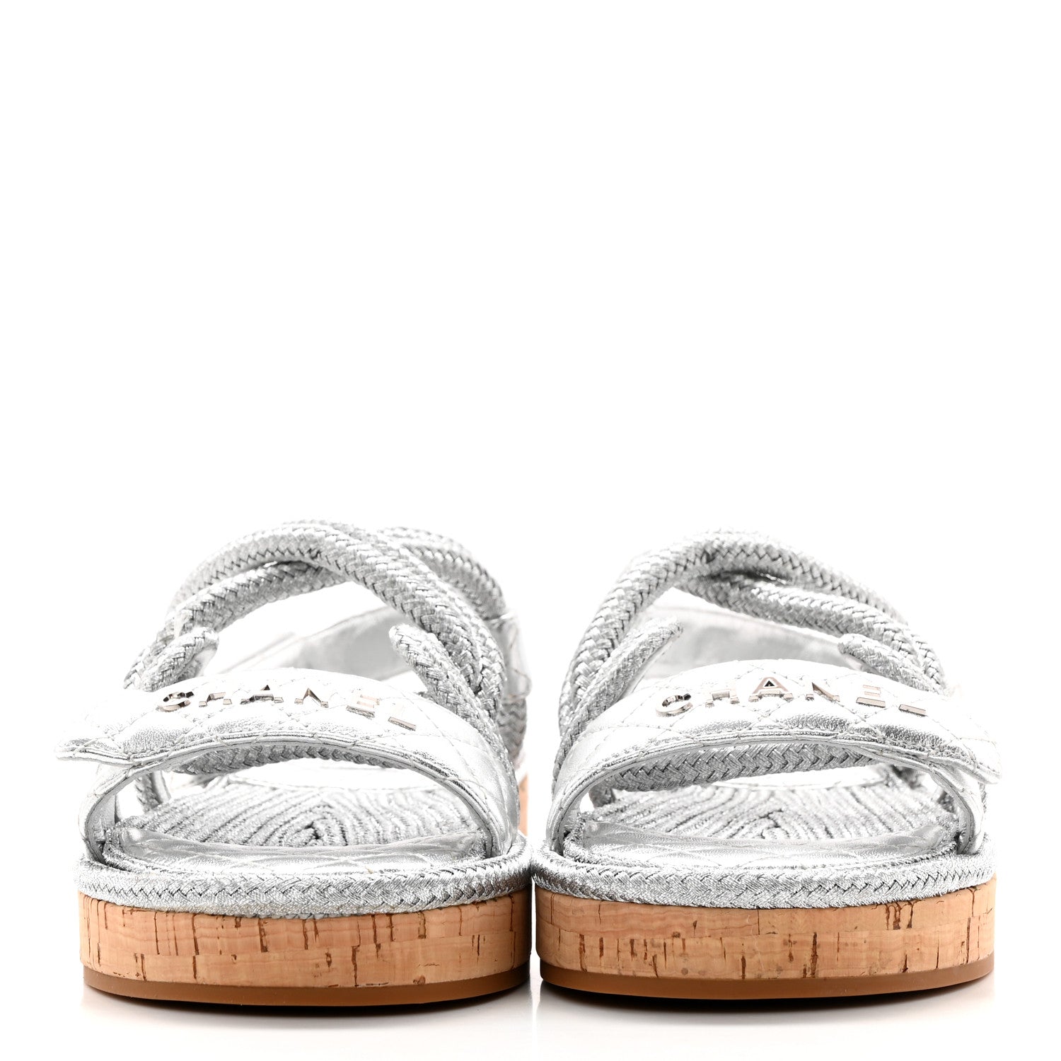 Chanel Metallic Cord Lambskin Quilted Logo Sandals 38 Silver 2 of 10
