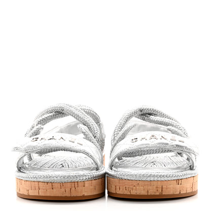 Chanel Metallic Cord Lambskin Quilted Logo Sandals 38 Silver 2 of 10