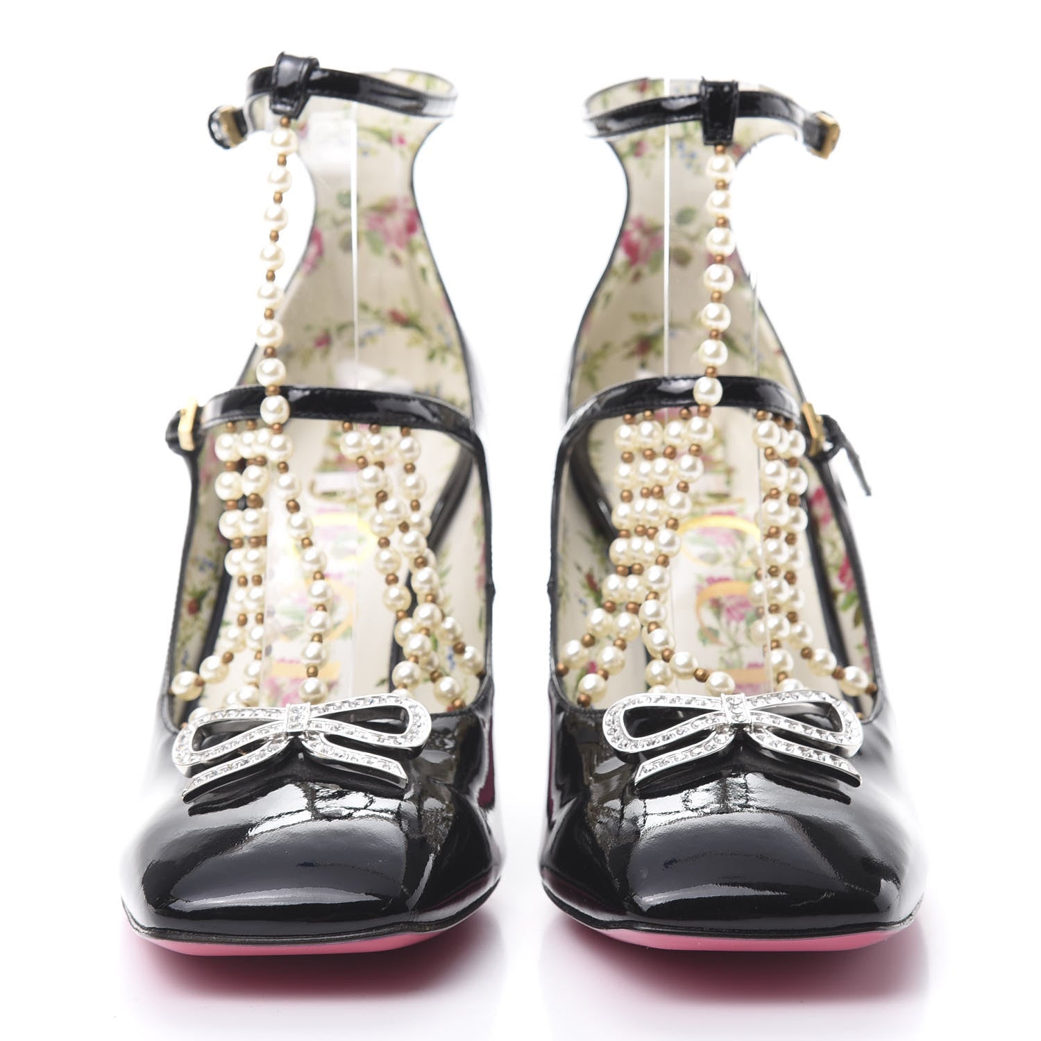 Gucci Patent Pearl Taide T-Strap Mid Heel Pumps 37 Black 2 of 10