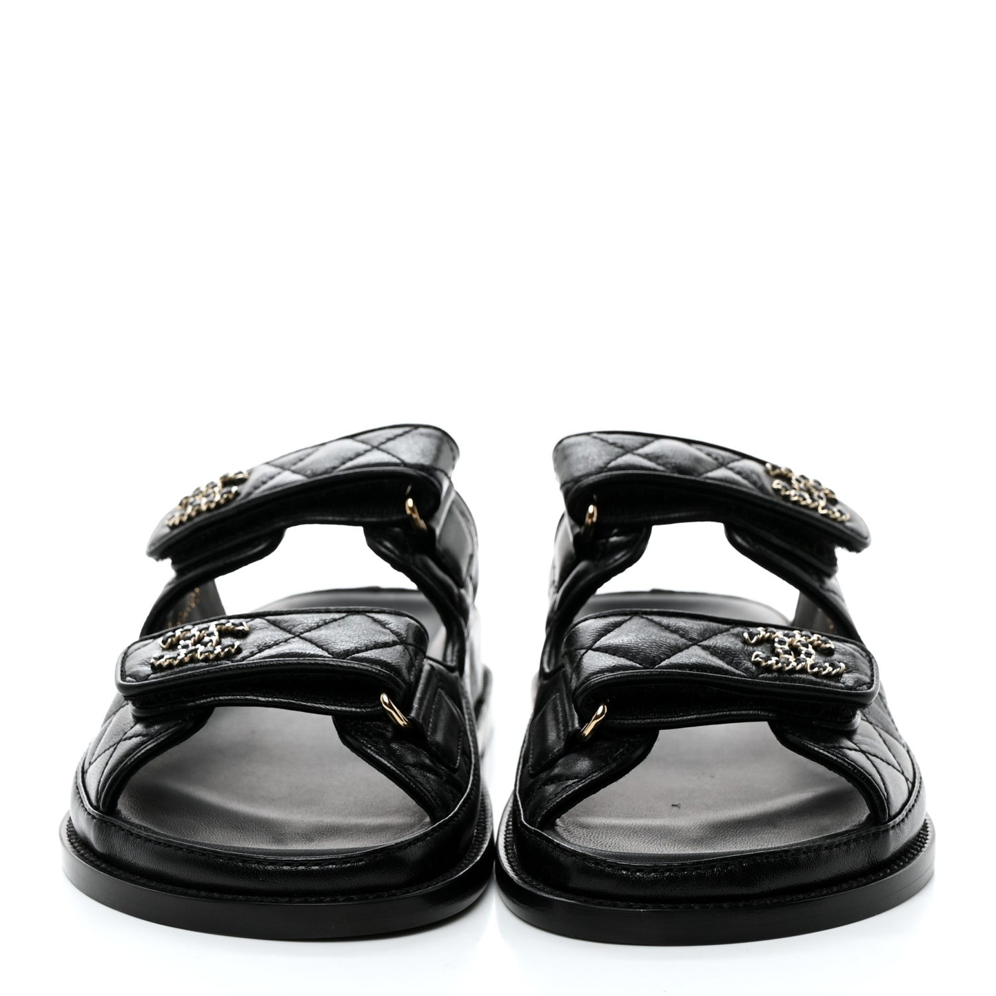 Lambskin Quilted Velcro Dad Chain CC Slide Sandals 37 Black