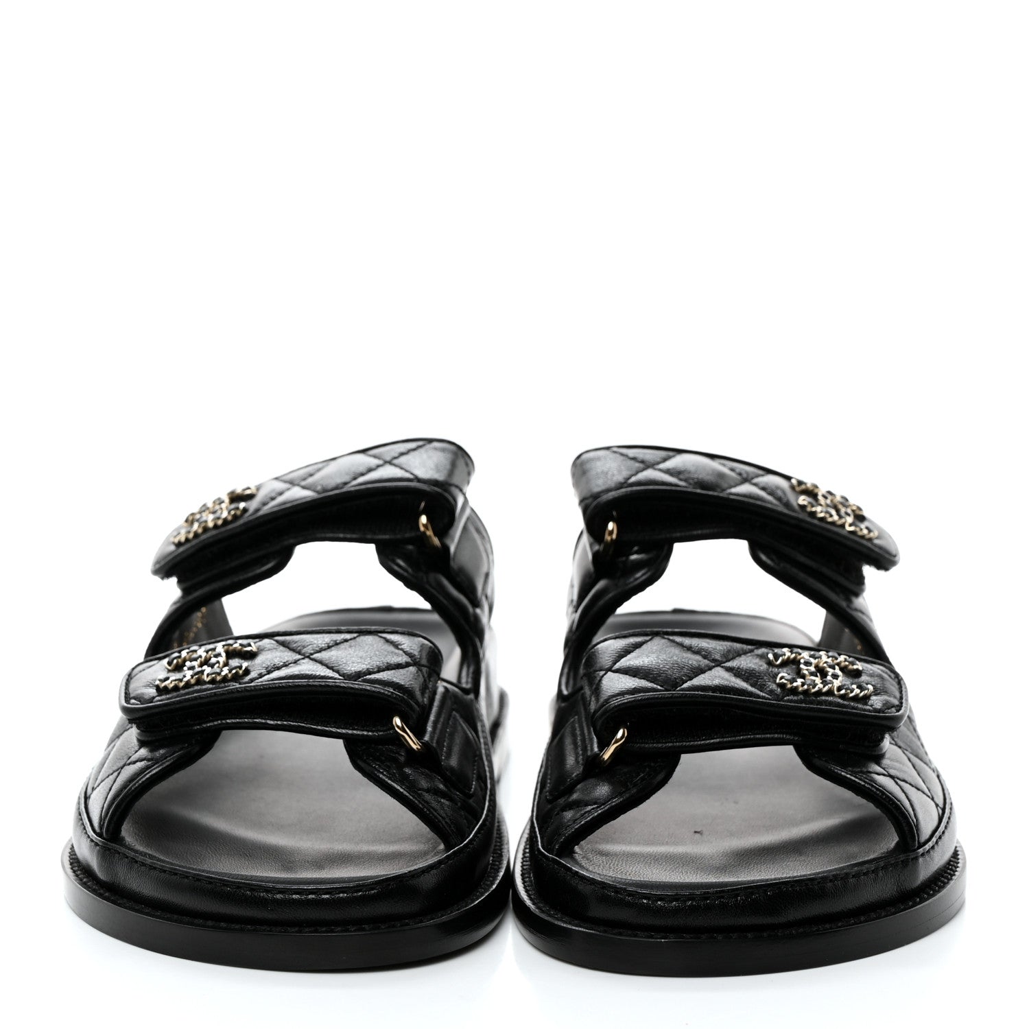 Chanel Lambskin Quilted Velcro Dad Chain CC Slide Sandals 37 Black 2 of 11
