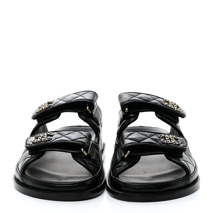 Chanel Lambskin Quilted Velcro Dad Chain CC Slide Sandals 37 Black 2 of 11