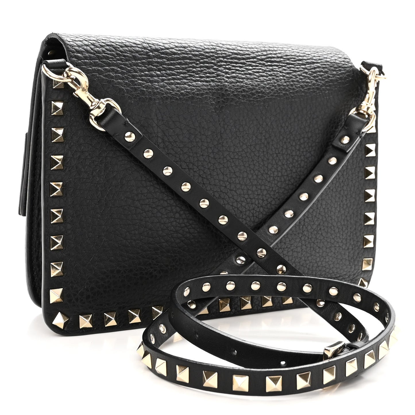 Pebbled Calfskin Rockstud Side Slip Crossbody Black