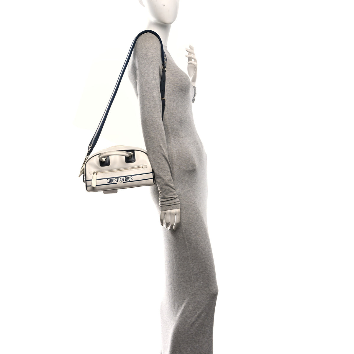 Calfskin Small Dior Vibe Zip Bowling Bag White