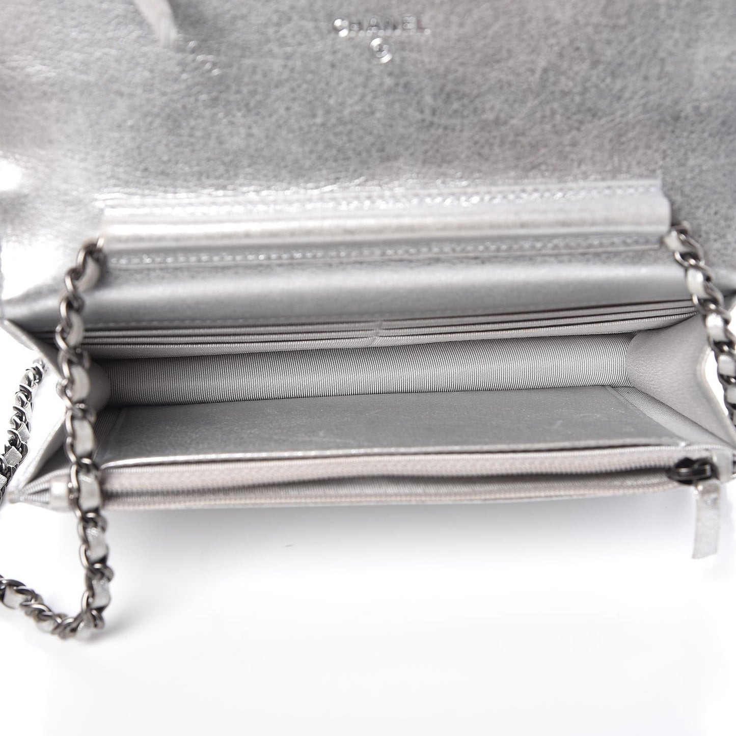 Metallic Lambskin Chevron Wallet On Chain WOC Silver