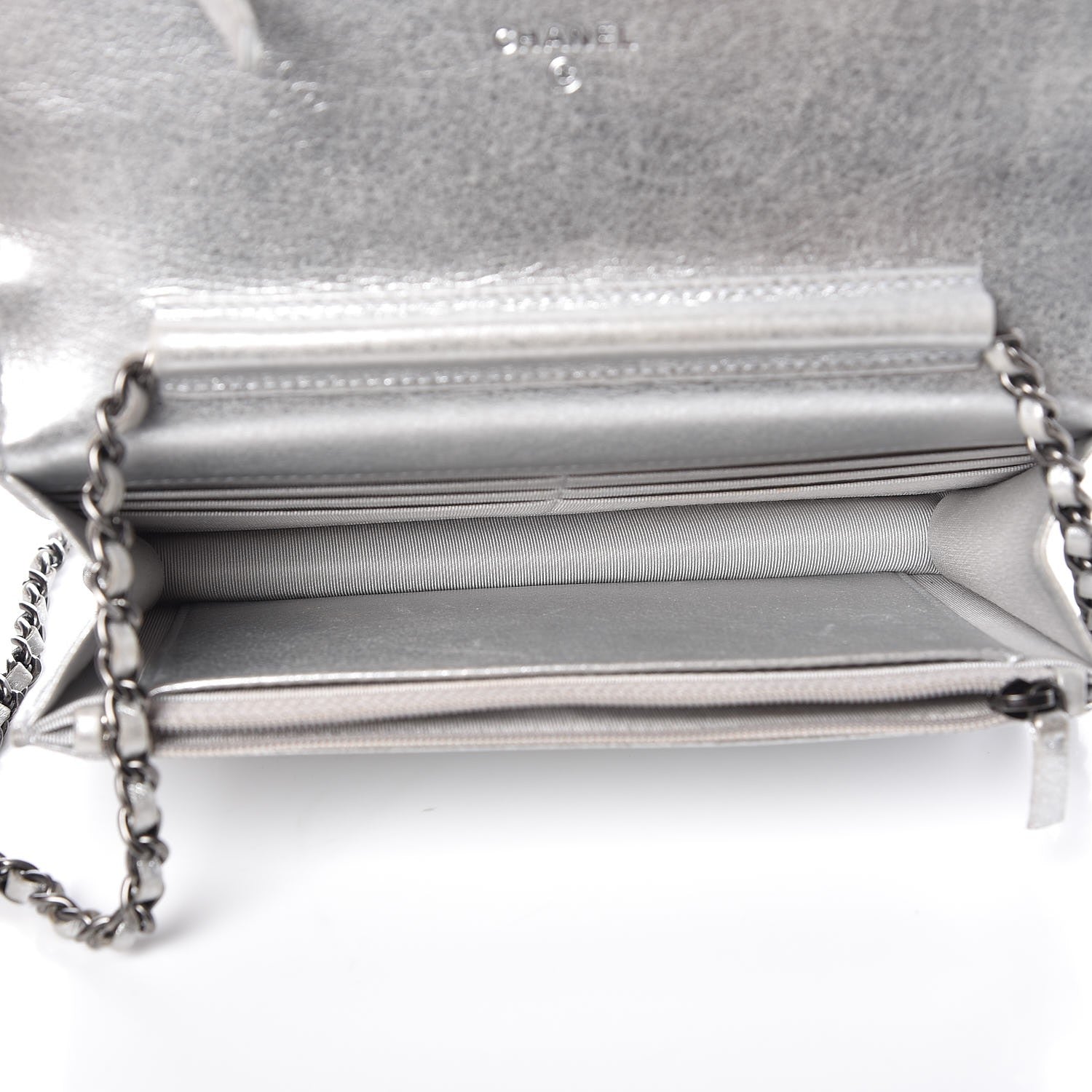 Chanel Metallic Lambskin Chevron Wallet On Chain WOC Silver 5 of 13
