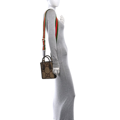 Gucci Monogram Jumbo GG Textured Dollar Calfskin Web Mini Vertical Tote Camel Ebony New Acero 2 of 10