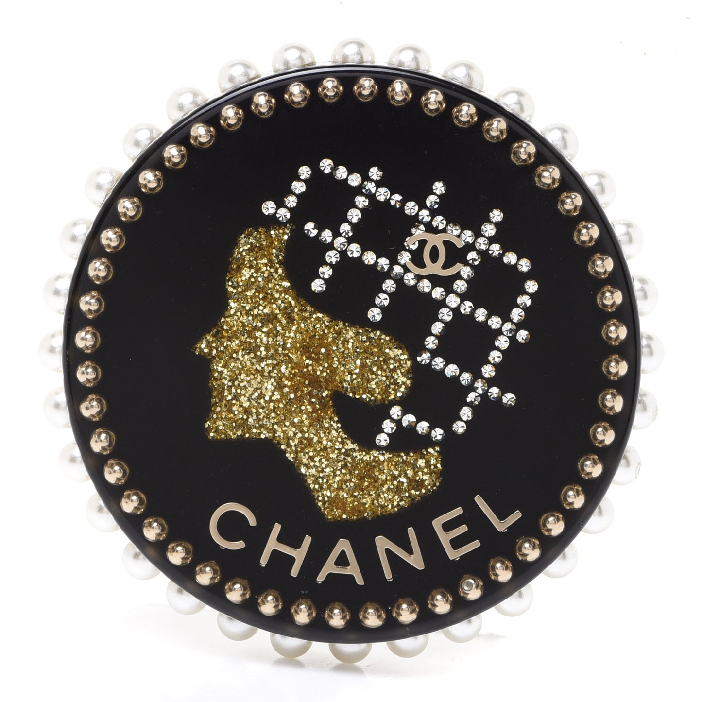 Resin Crystal Pearl CC Pin Brooch Black Gold