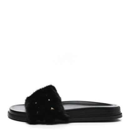 Valentino Garavani Mink Fur Rockstud Slide Sandals 39 Black 1 of 8