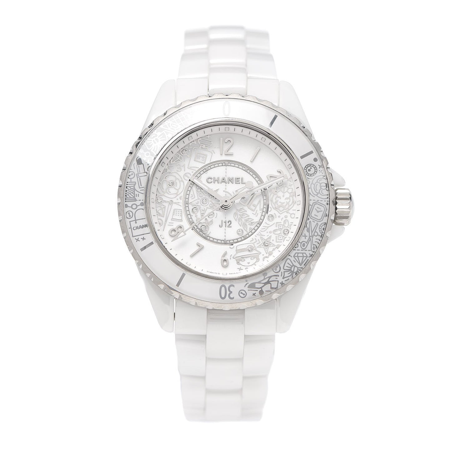 Stainless Steel Ceramic Diamond 33mm J12 Limited Edition Quartz Watch White
