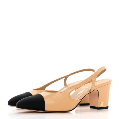 Chanel Goatskin Grosgrain Cap Toe CC Slingback Pumps 36 Beige Black 3 of 9