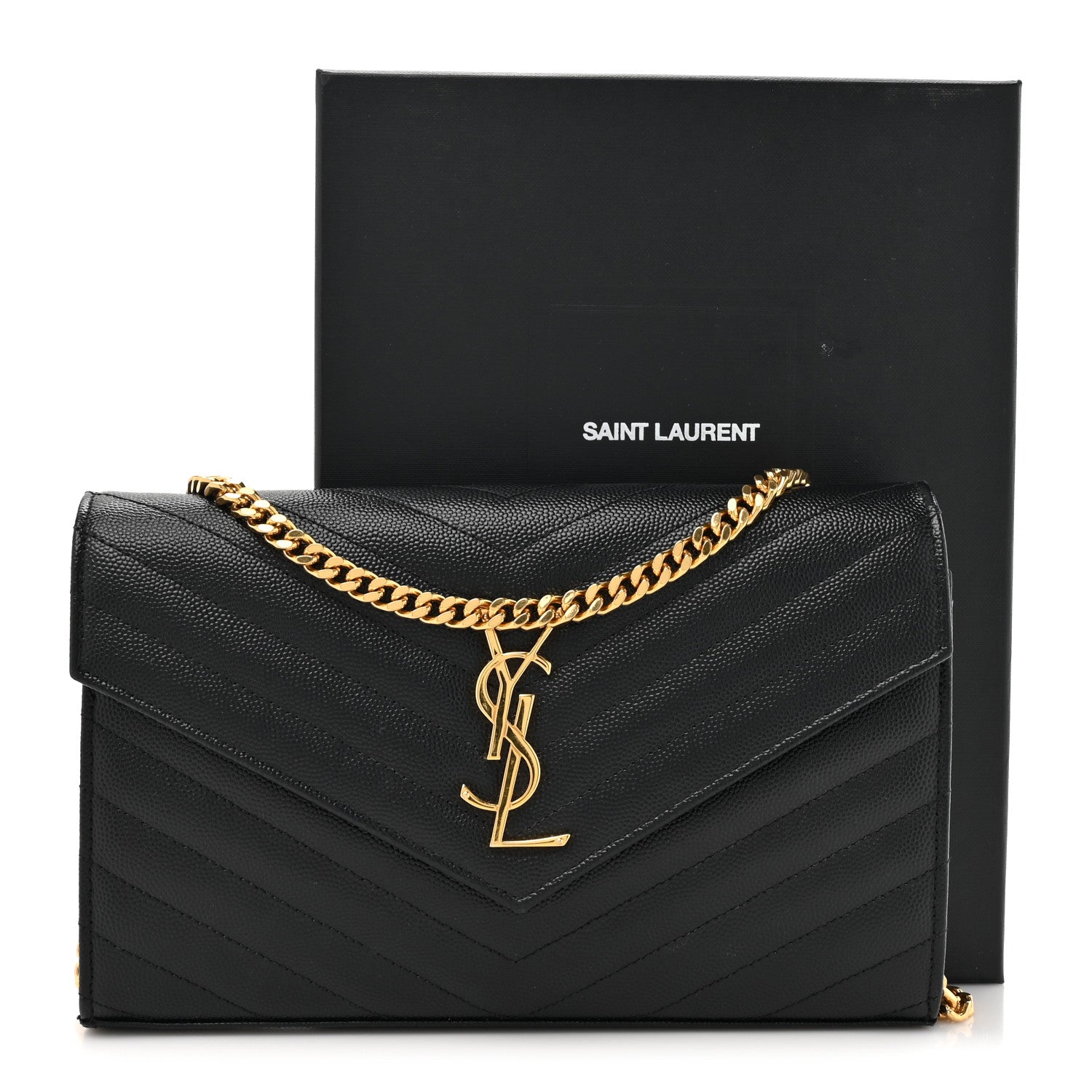 Saint Laurent Grain De Poudre Matelasse Chevron Monogram Chain Wallet Black 15 of 15