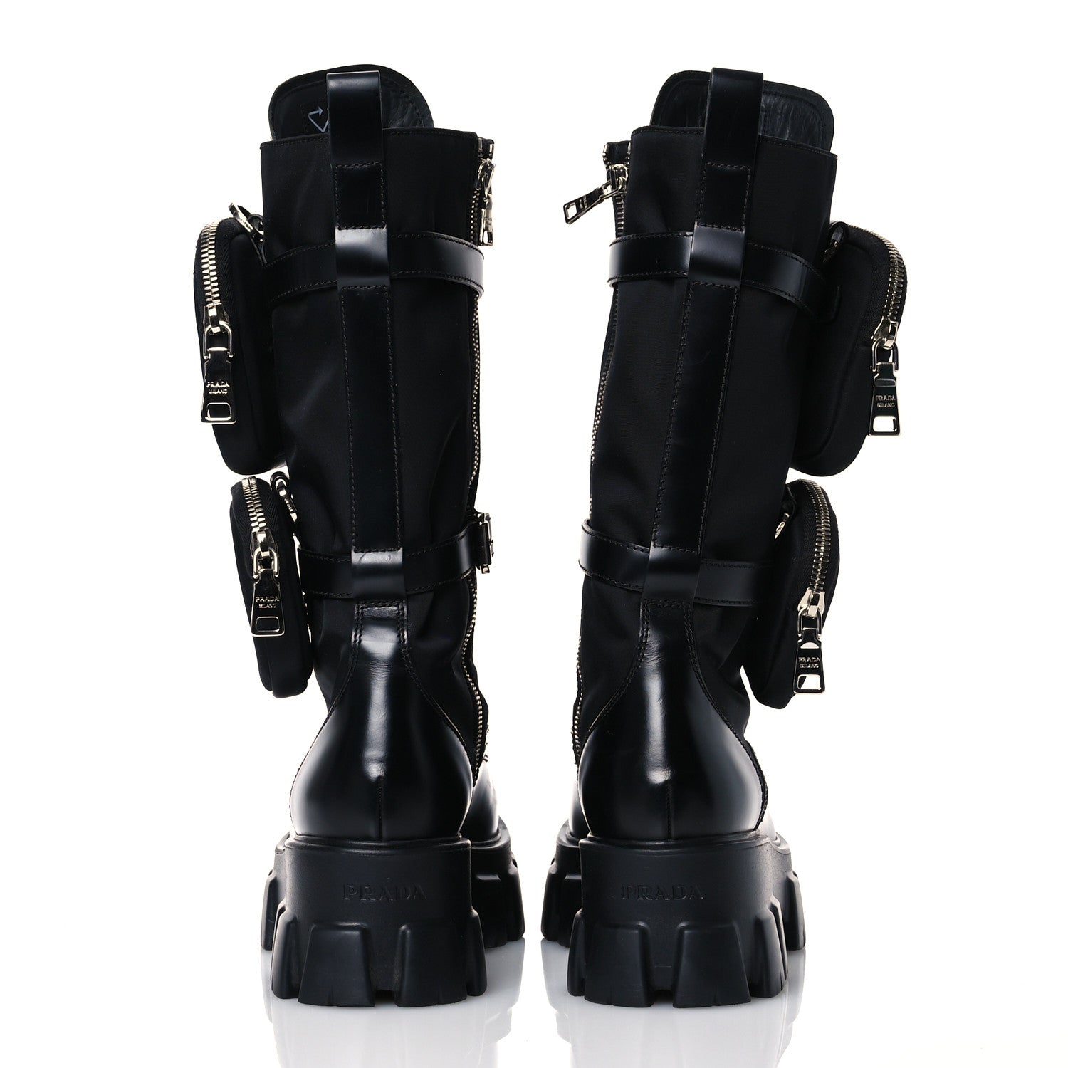Prada Spazzolato Rois Re-Nylon Metal Triangle Logo Monolith Pouch Pocket 55mm Tall Combat Boots 39 Black 5 of 14