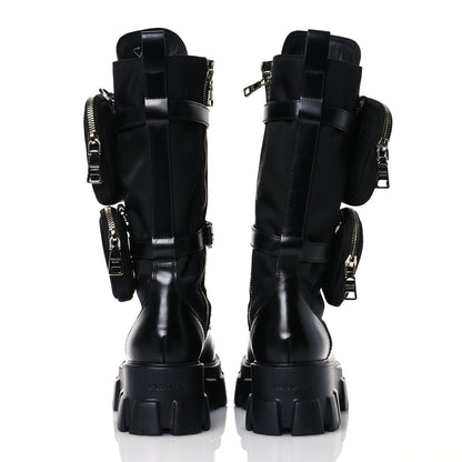 Prada Spazzolato Rois Re-Nylon Metal Triangle Logo Monolith Pouch Pocket 55mm Tall Combat Boots 39 Black 5 of 14