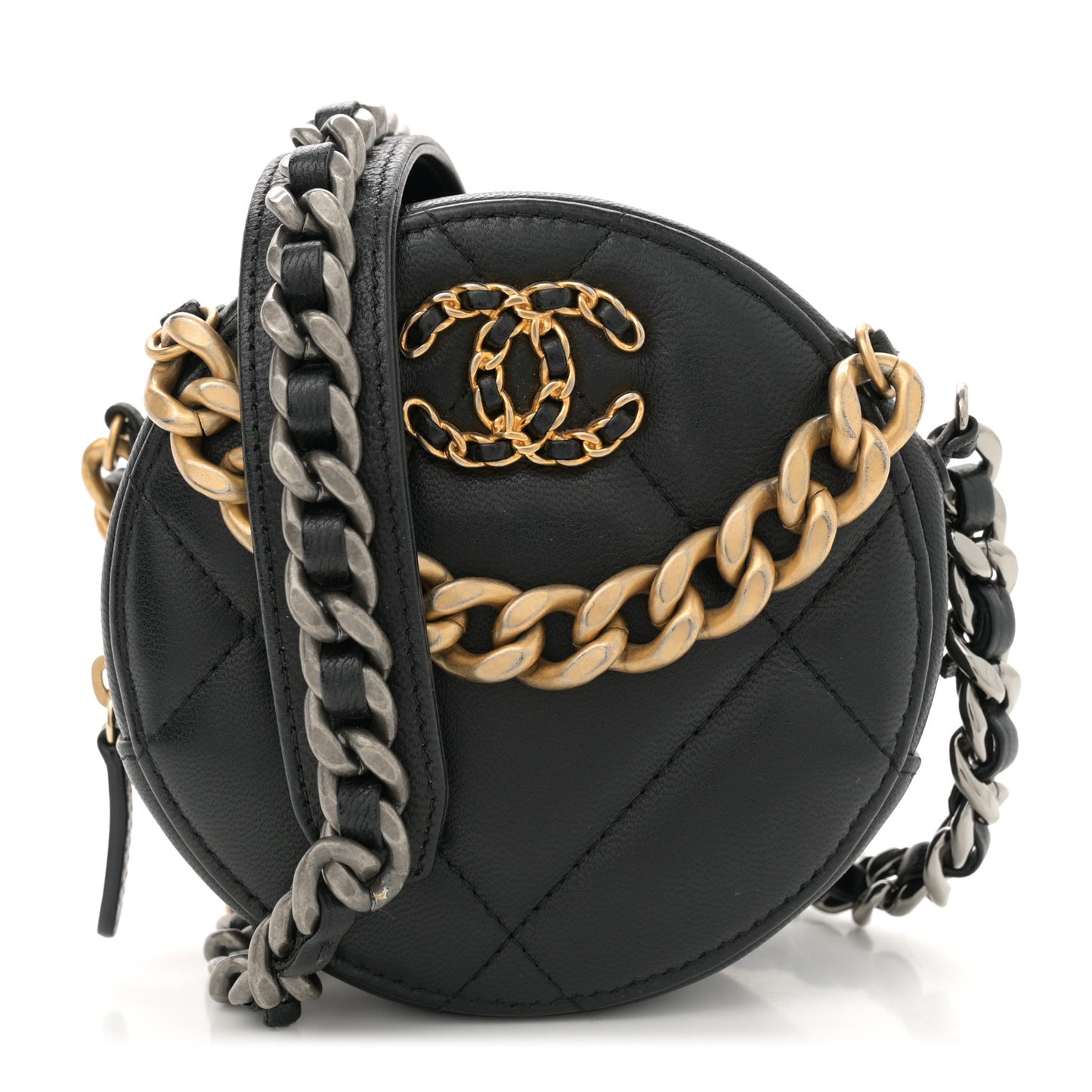 Lambskin Quilted Chanel 19 Round Clutch With Chain Black