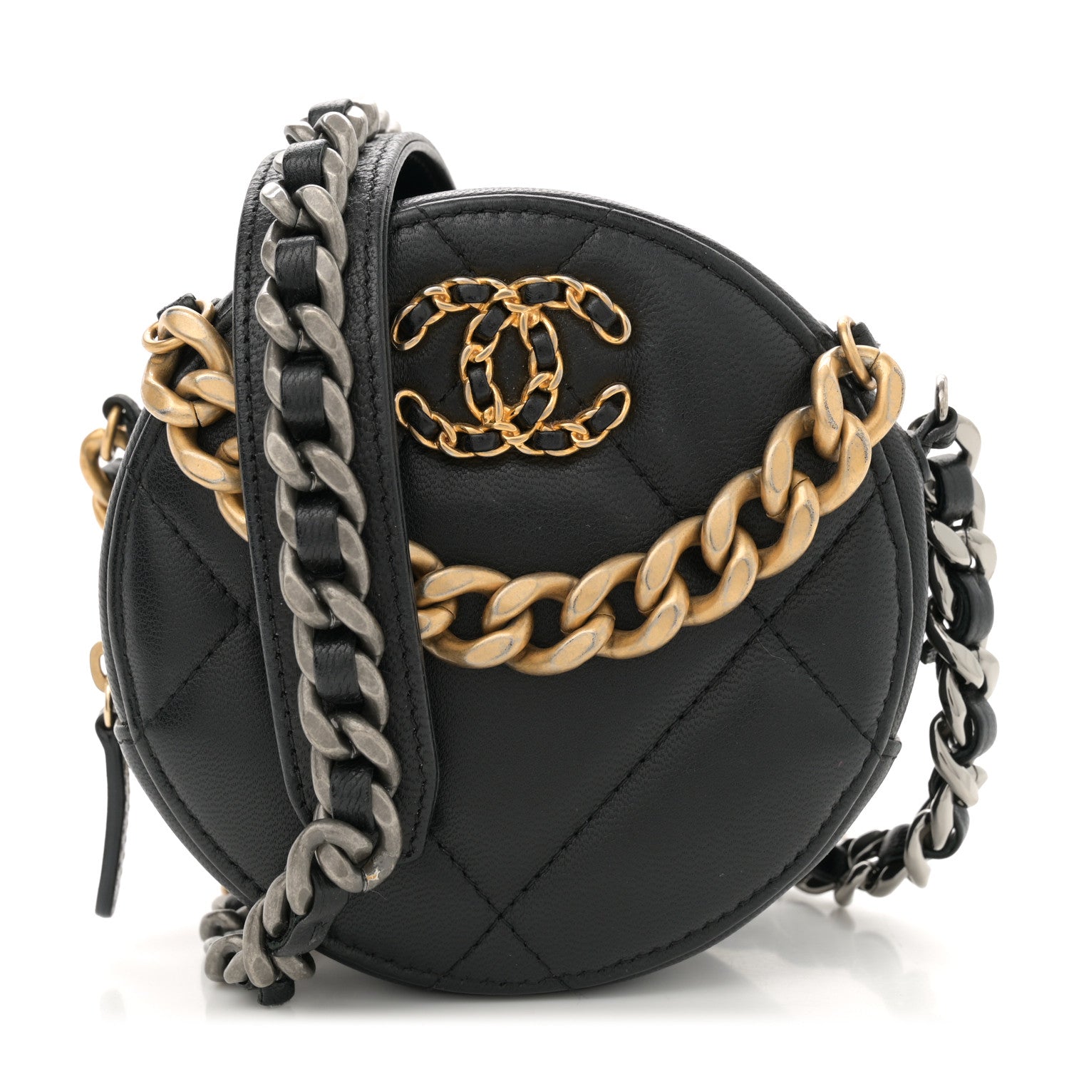 Chanel Lambskin Quilted Chanel 19 Round Clutch With Chain Black 1 of 11