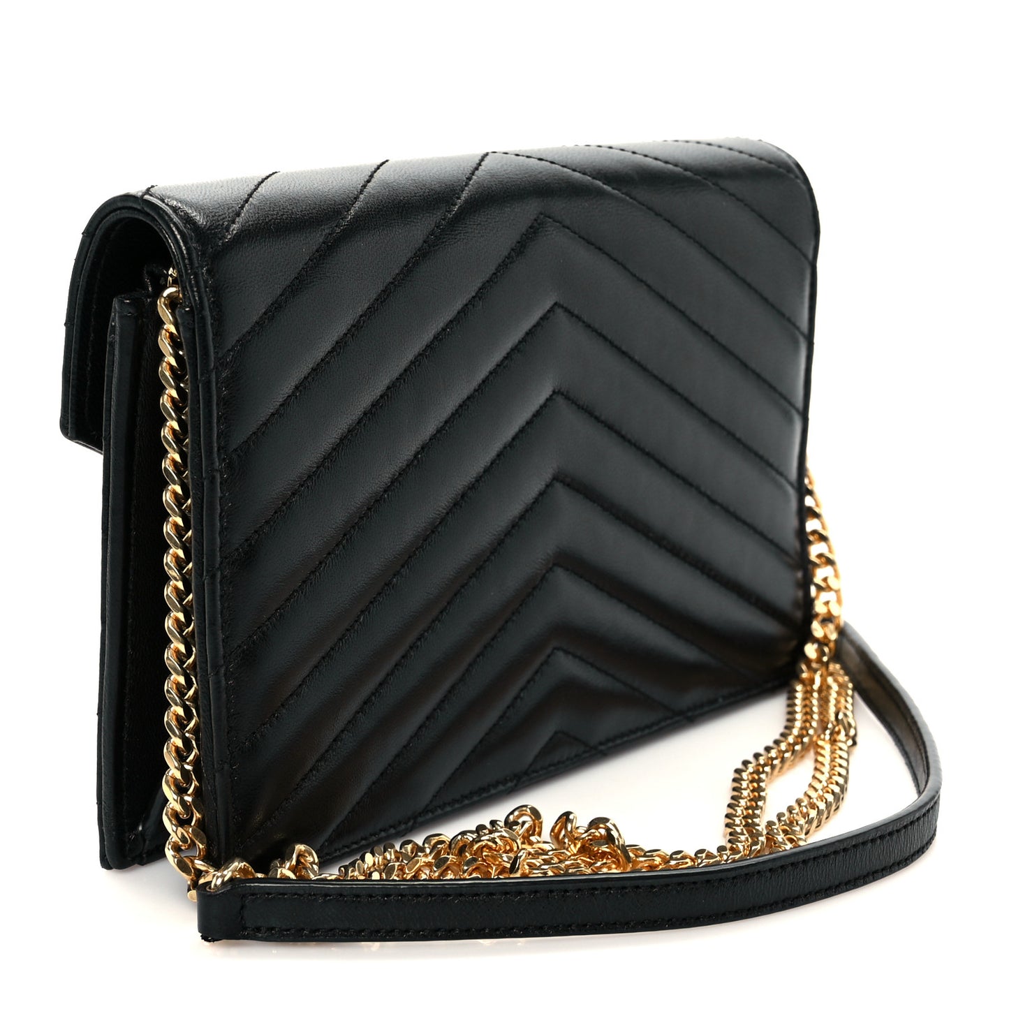 Calfskin Matelasse Chevron Monogram Envelope Chain Wallet Black