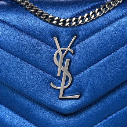 Saint Laurent Metallic Calfskin Y Quilted Monogram Small Loulou Chain Satchel Blue Royal 16 of 18