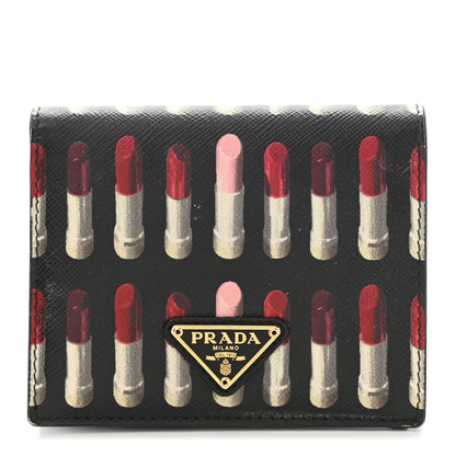 Prada Saffiano Lipstick Print Bi-Fold Wallet Black 1 of 8