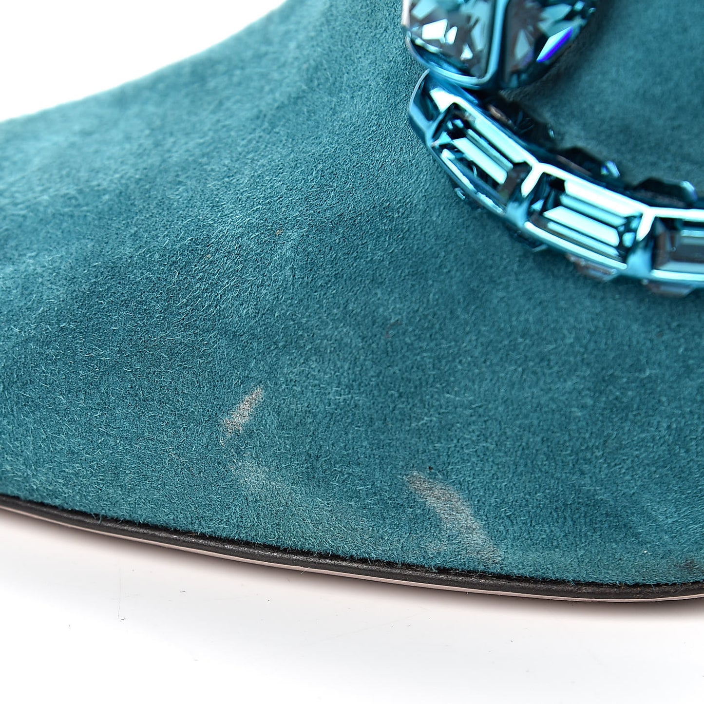 Suede Crystal Maxine Horsebit High Heel Slides 38 Dusty Turquoise