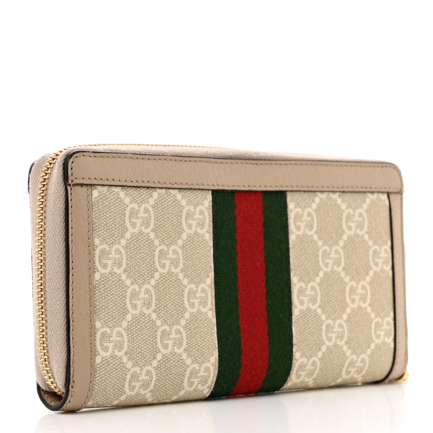 GG Supreme Monogram Textured Dollar Calfskin Web Ophidia Zip Around Wallet Beige Mystic White Oatmeal