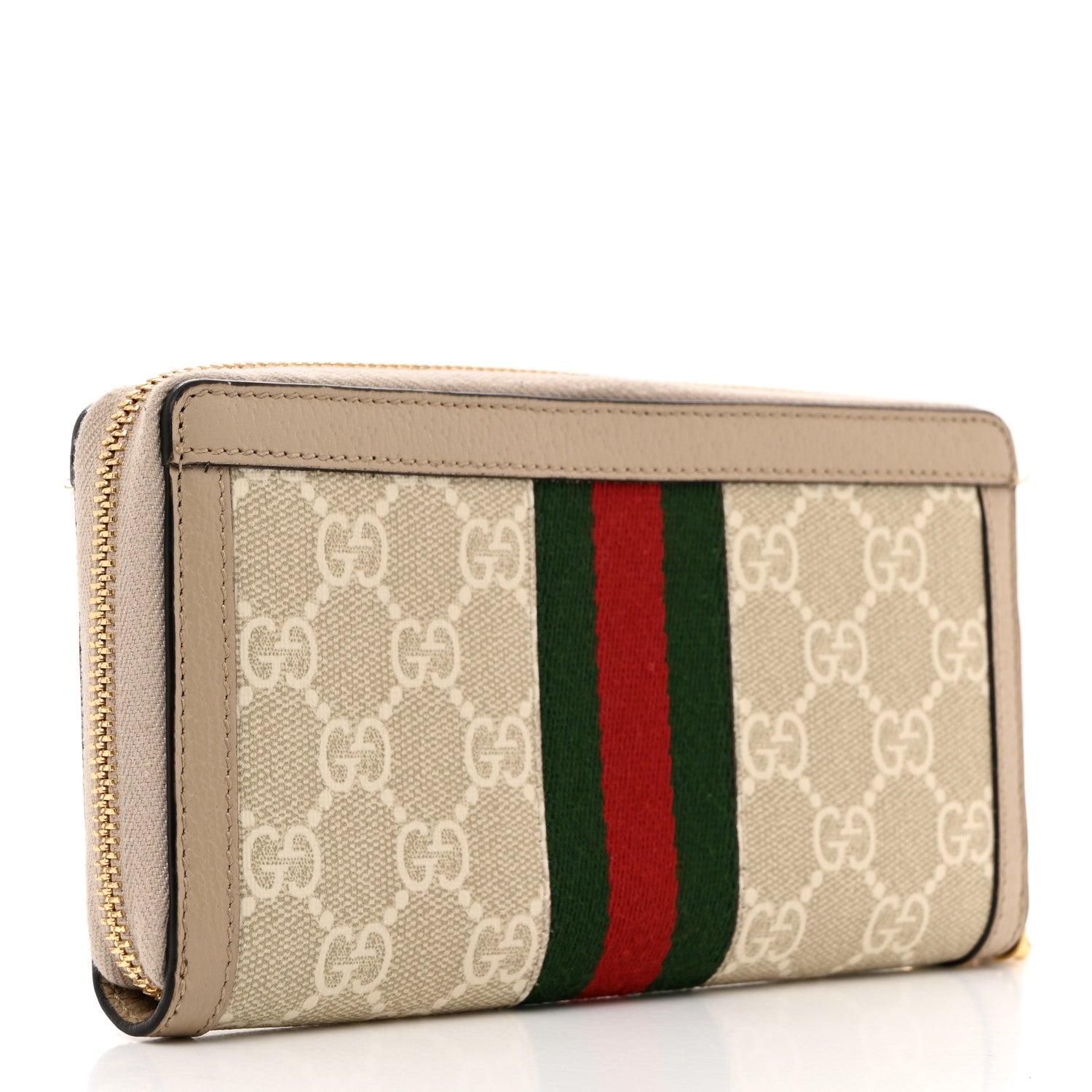 Gucci GG Supreme Monogram Textured Dollar Calfskin Web Ophidia Zip Around Wallet Beige Mystic White Oatmeal 3 of 8