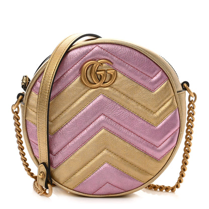 Gucci Metallic Nappa Matelasse Heart Mini GG Marmont Round Shoulder Bag Oro Vecchio Rosa 1 of 10