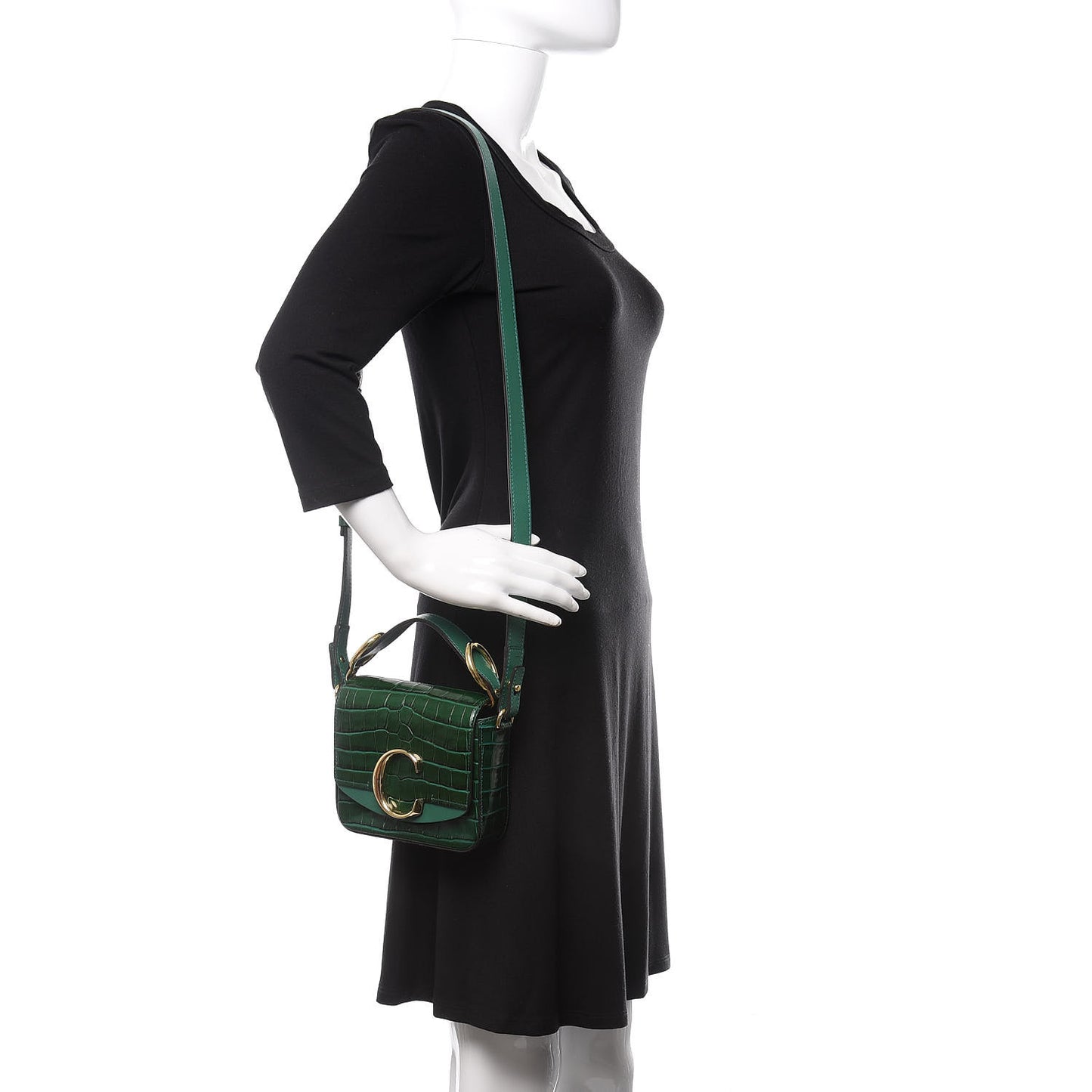 Calfskin Crocodile Embossed Mini C Double Carry Woodsy Green
