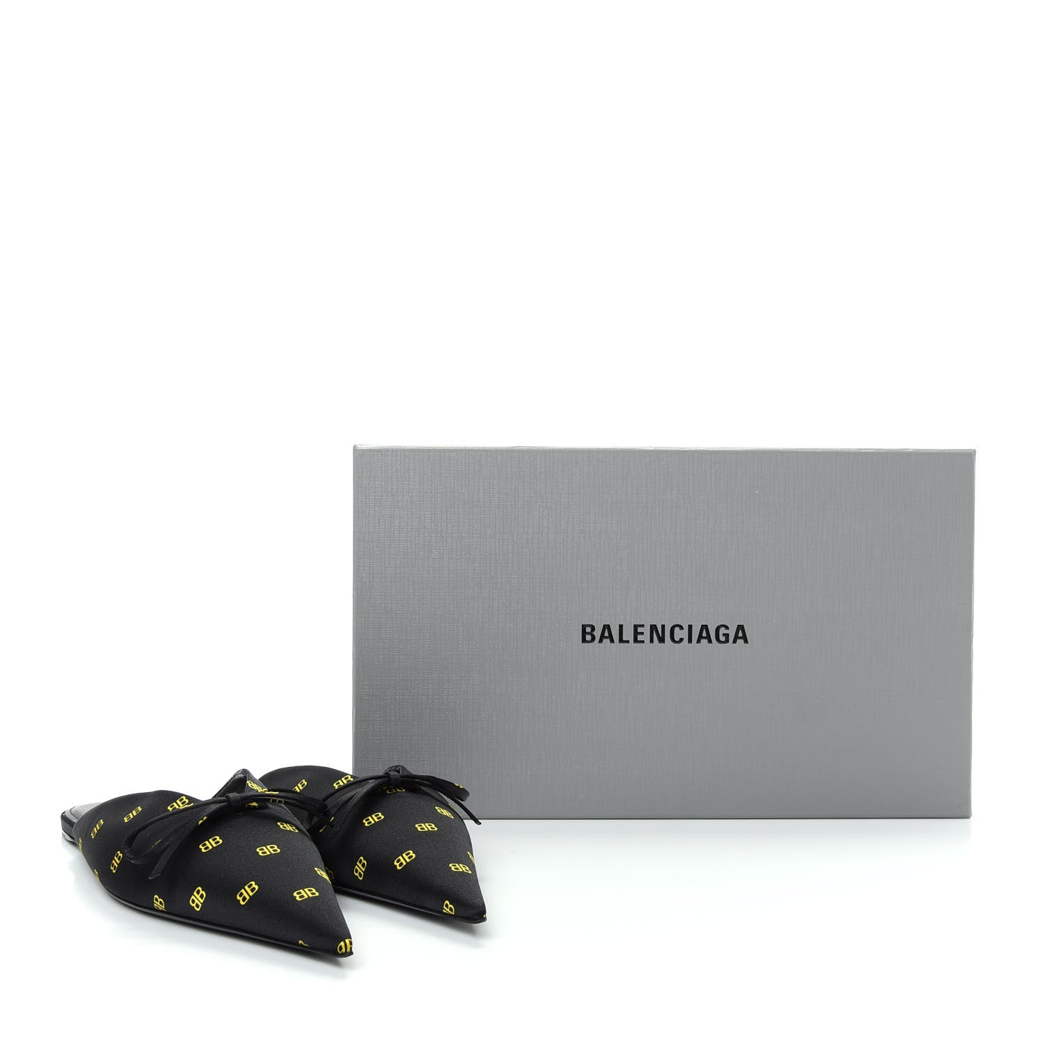 Balenciaga Crepe Satin BB Printed Pointy Toe Knife Flat Mules 37 Black Yellow Fluo 10 of 10