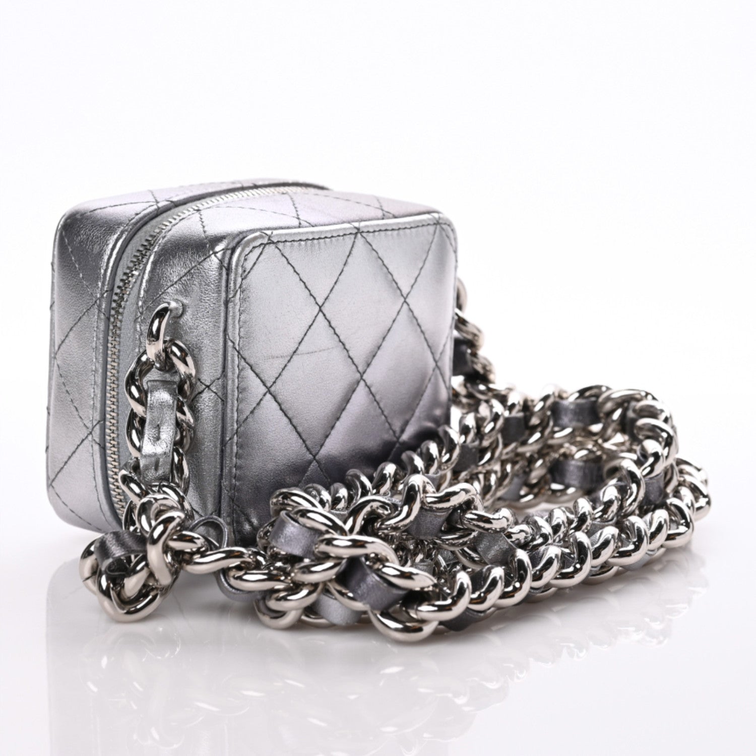 Chanel Metallic Lambskin Quilted Like A Wallet Clutch With Chain Silver 3 of 9