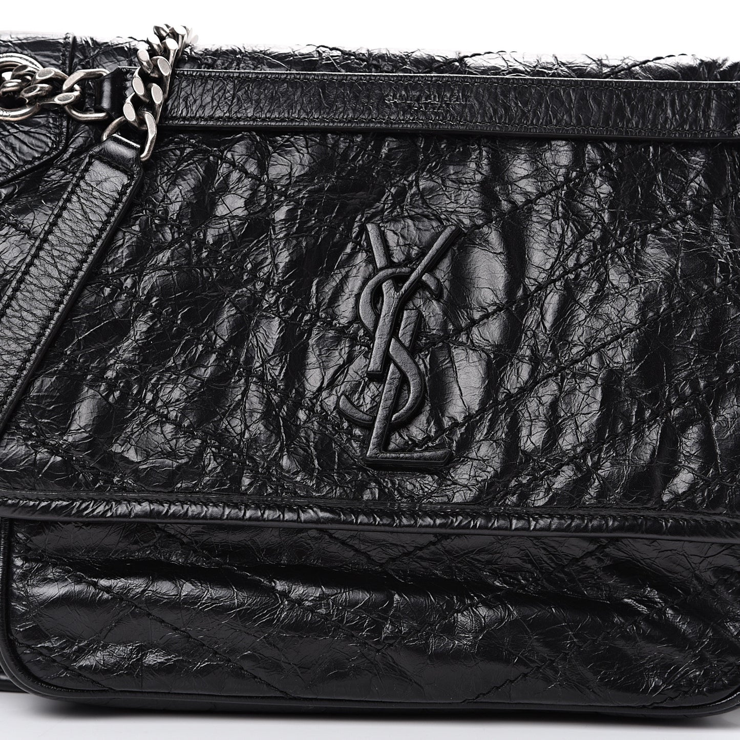 Crinkled Calfskin Matelasse Monogram Medium Niki Chain Satchel Black