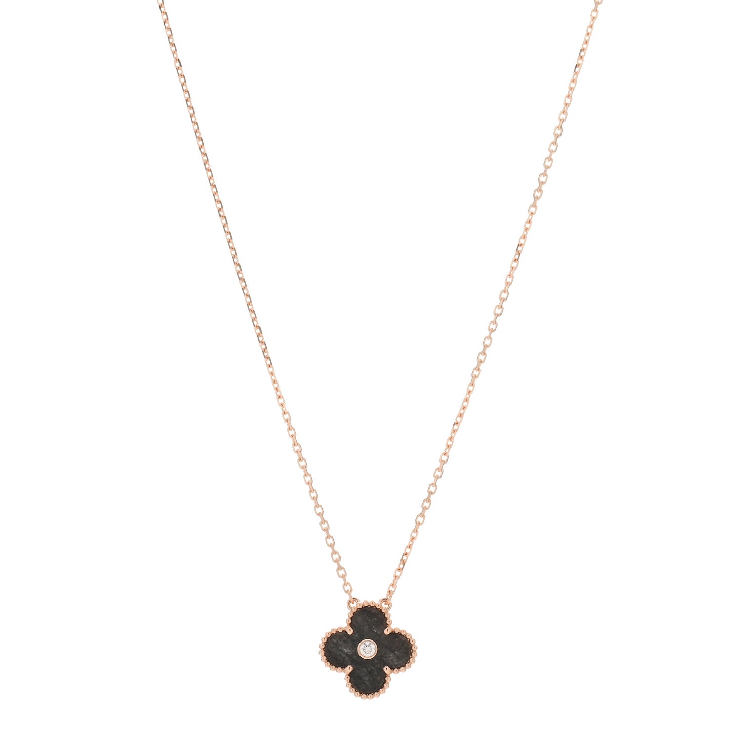 18K Rose Gold Diamond Silver Obsidian Vintage Alhambra Pendant Necklace