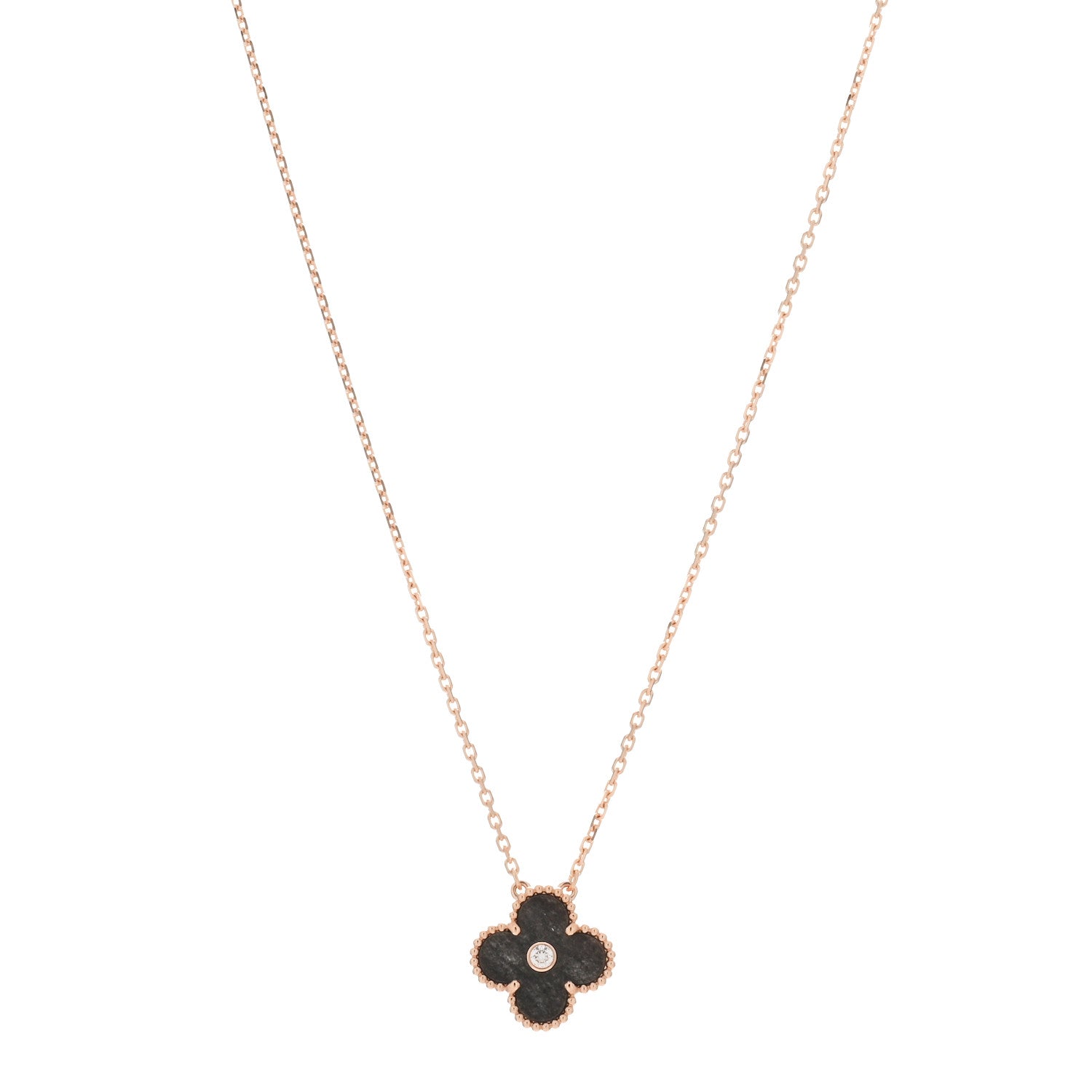 Van Cleef & Arpels 18K Rose Gold Diamond Silver Obsidian Vintage Alhambra Pendant Necklace 1 of 4