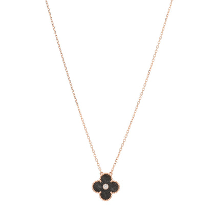 Van Cleef & Arpels 18K Rose Gold Diamond Silver Obsidian Vintage Alhambra Pendant Necklace 1 of 4