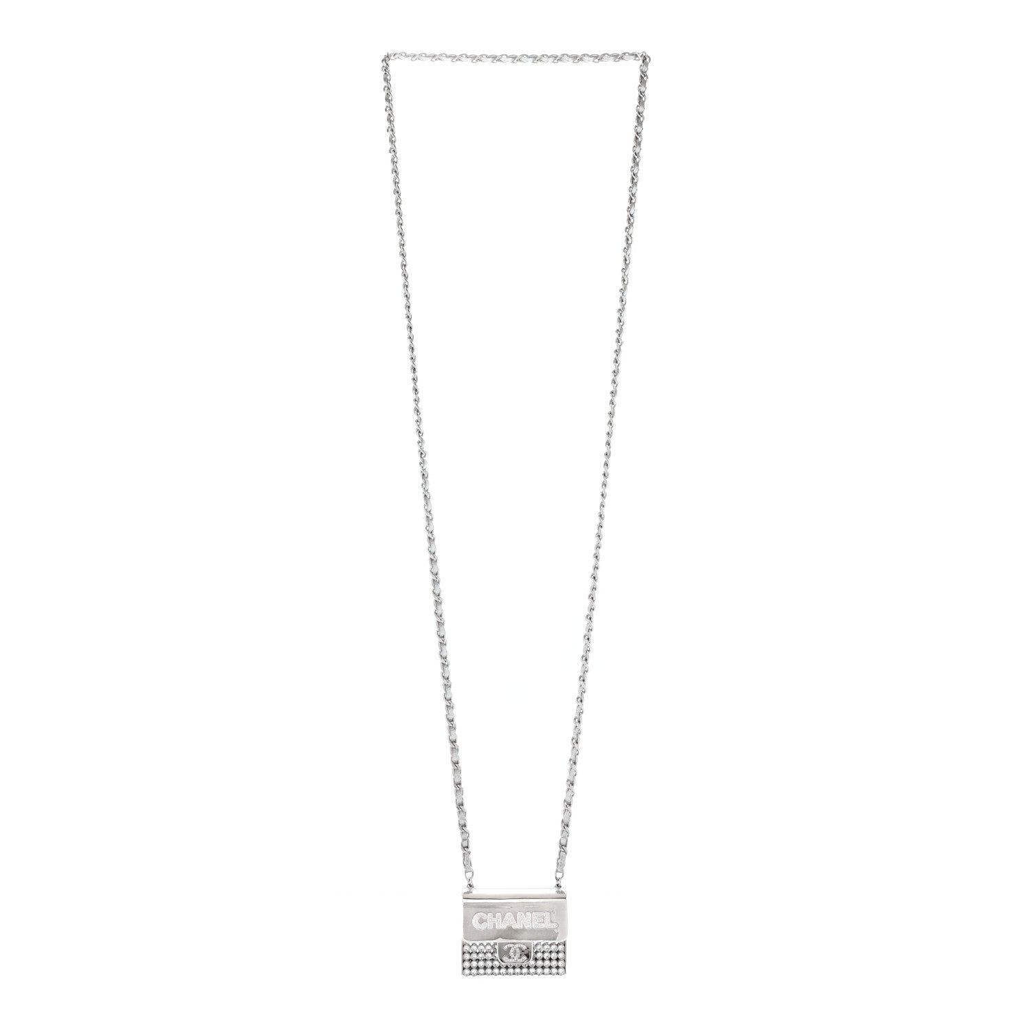 Chanel Metal Lambskin Strass Crystal Purse CC Long Necklace Silver