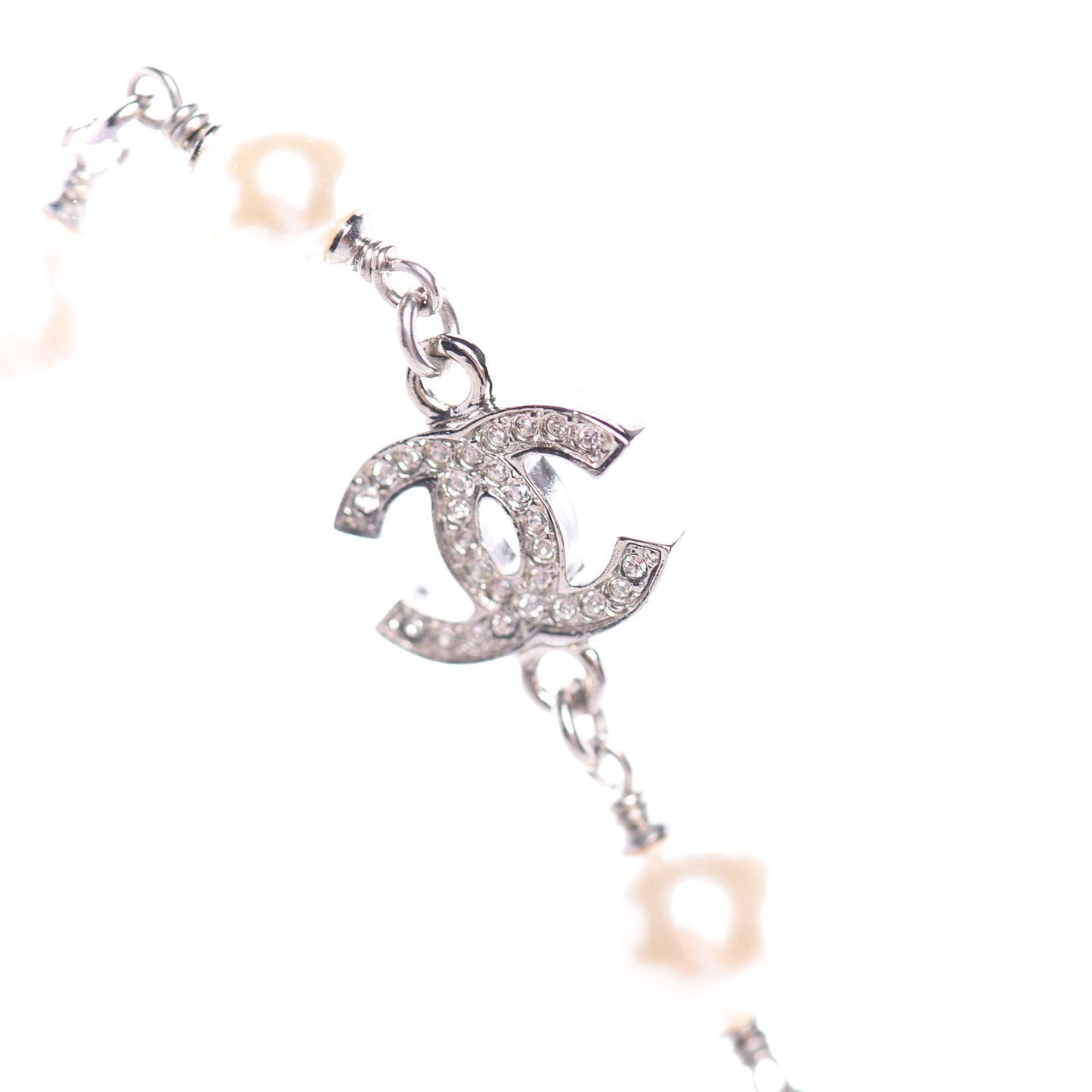 Crystal Pearl CC Long Necklace Silver