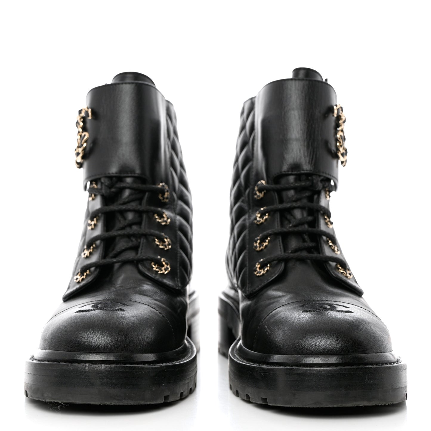 Shiny Calfskin Quilted Lace Up Combat Boots 40.5 Black