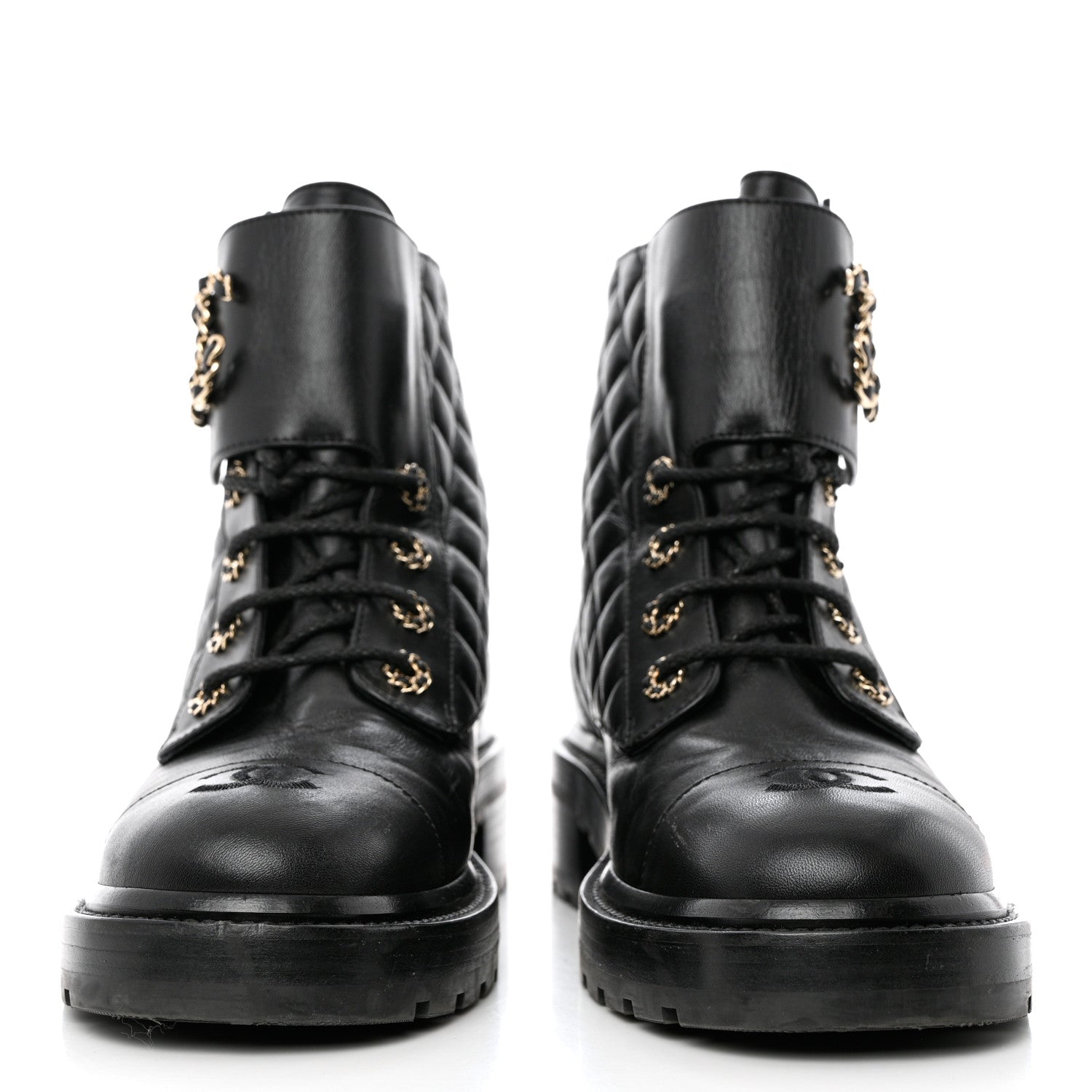 Chanel Shiny Calfskin Quilted Lace Up Combat Boots 40.5 Black 2 of 12