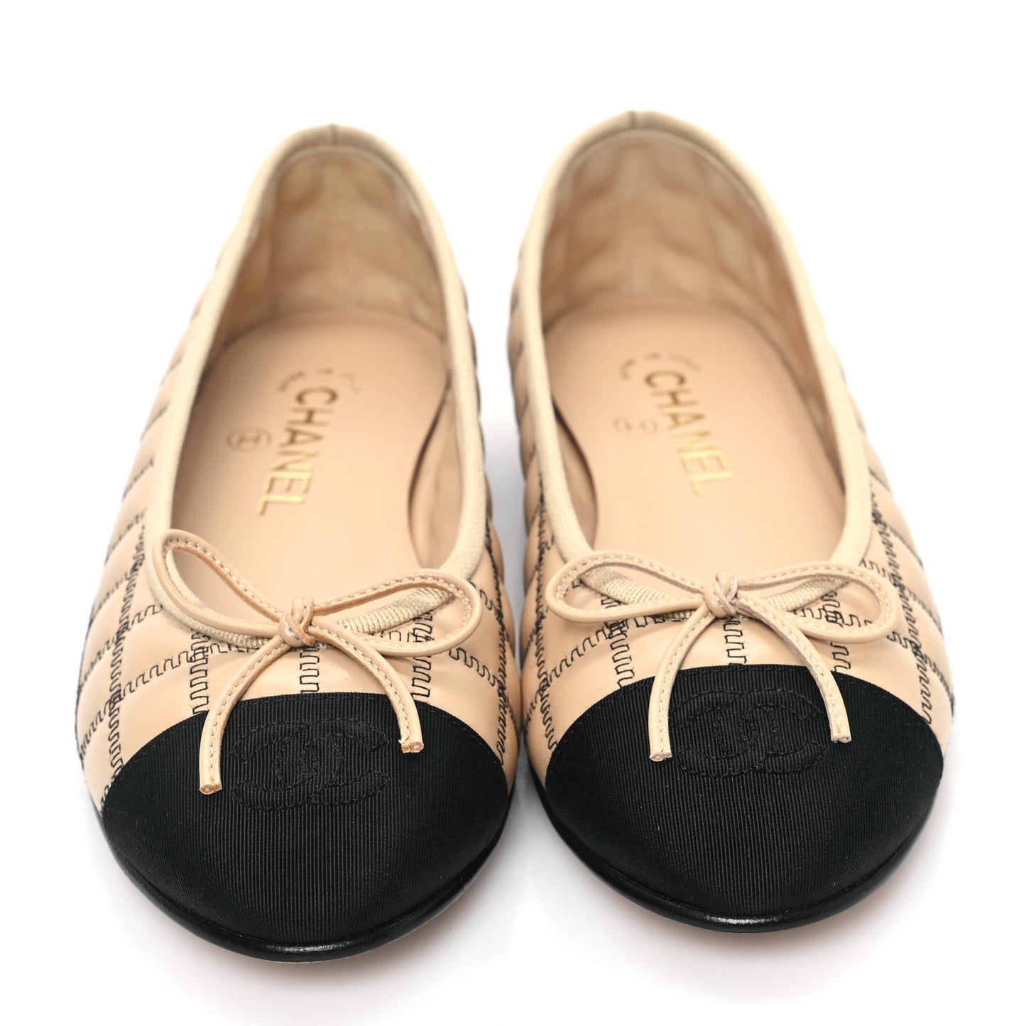 Lambskin Embroidered Quilted Cap Toe Ballerina Flats 37.5 Beige Black