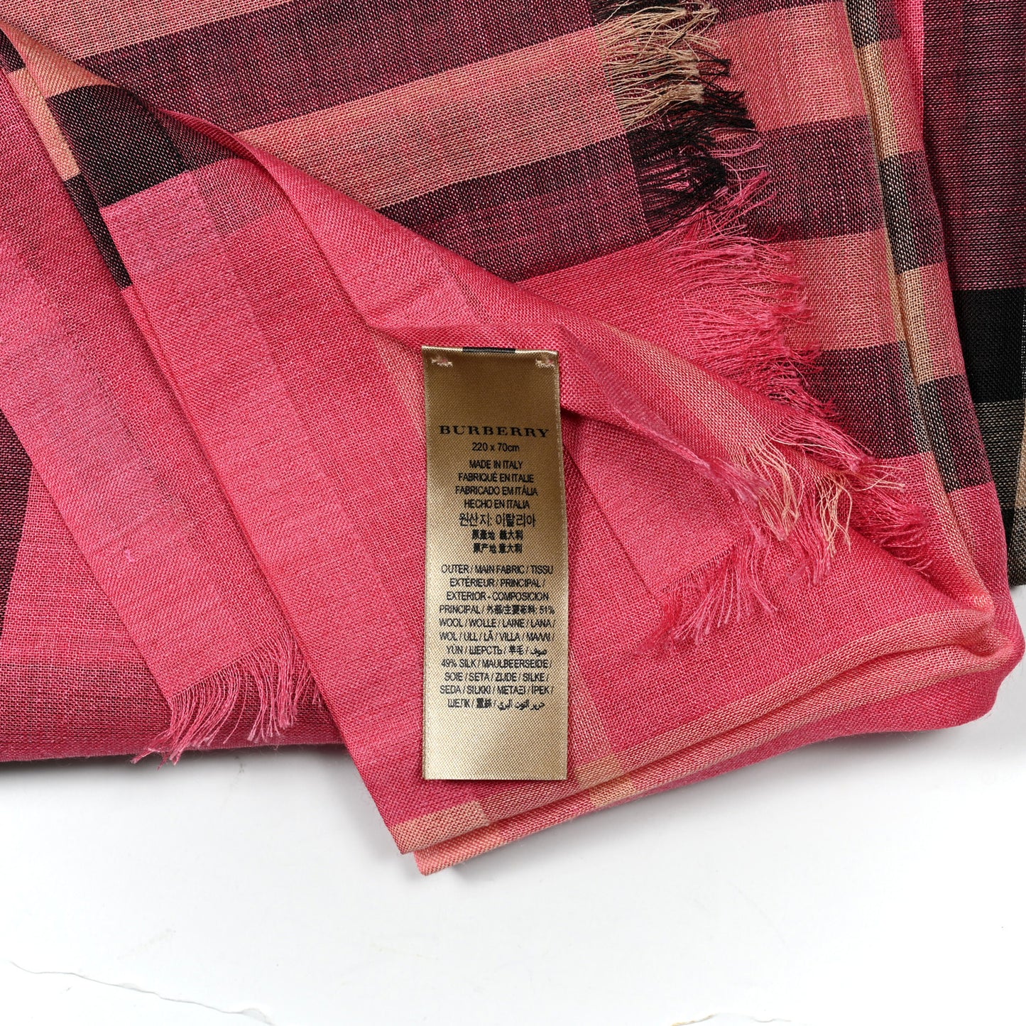 Wool Silk Gauze Giant Check Scarf Pink
