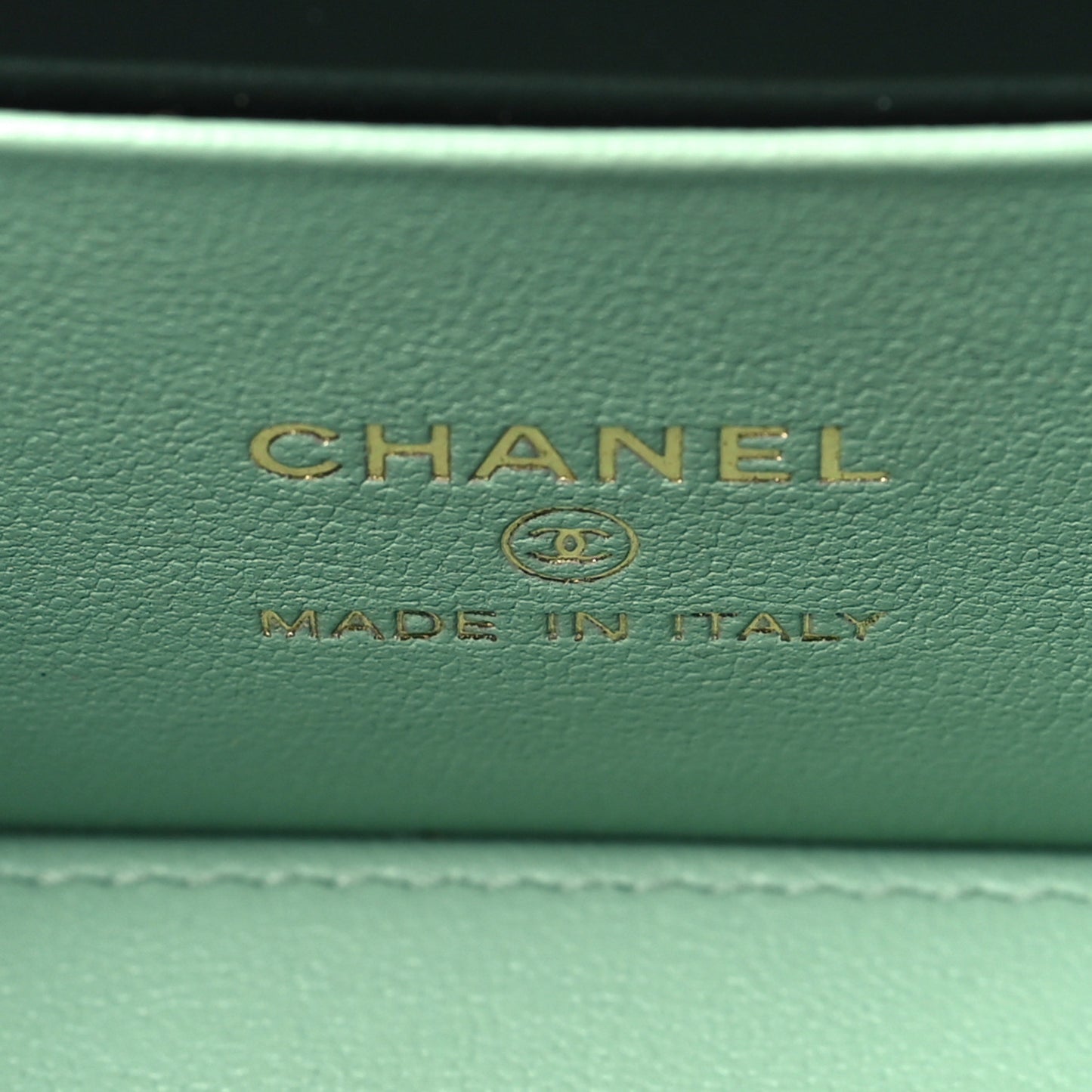 Shiny Calfskin Quilted Small Top Handle Vanity Case With Chain Light Green