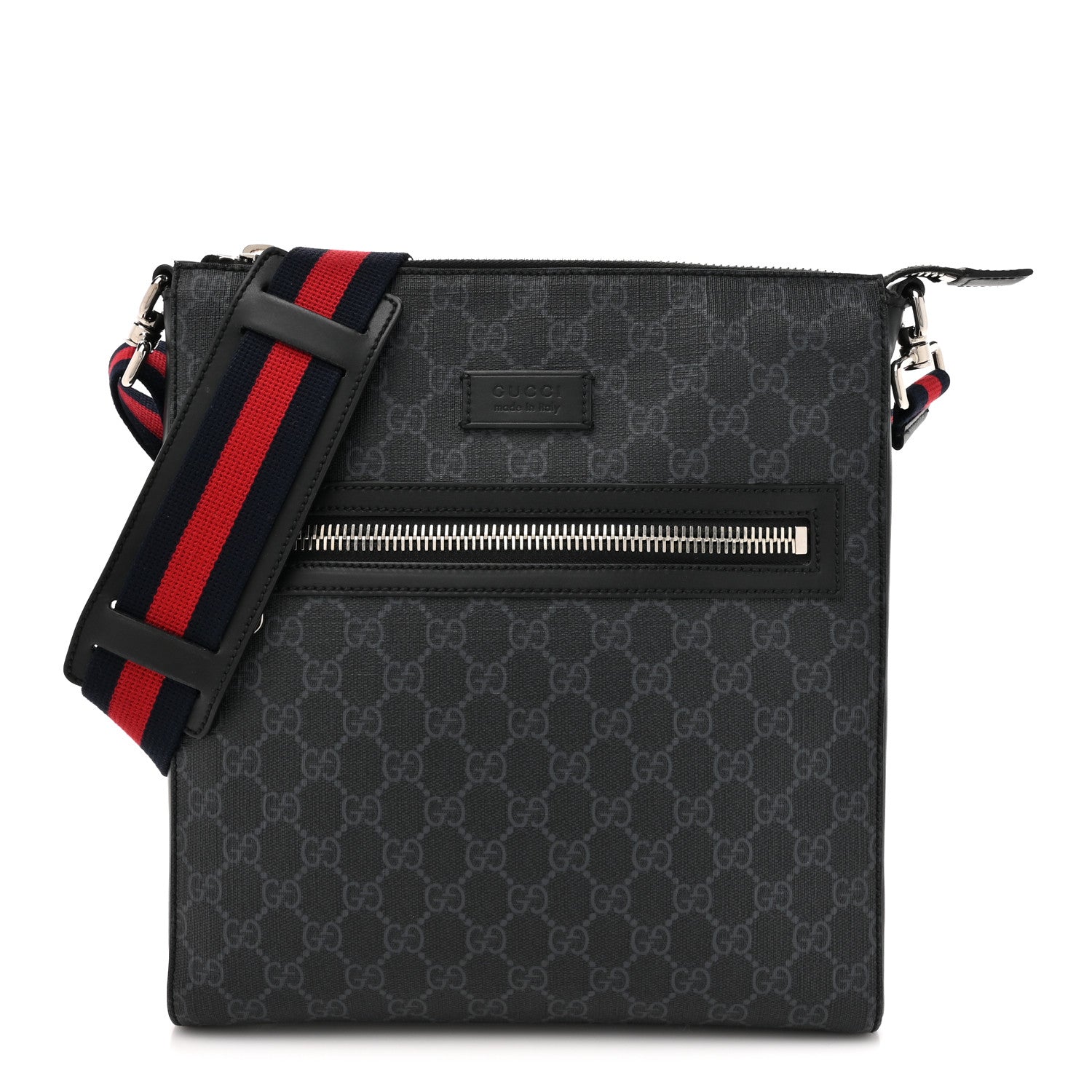 Gucci GG Supreme Monogram Appia Calfskin Web Flat Messenger Bag Black Grey 1 of 9