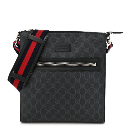 Gucci GG Supreme Monogram Appia Calfskin Web Flat Messenger Bag Black Grey 1 of 9