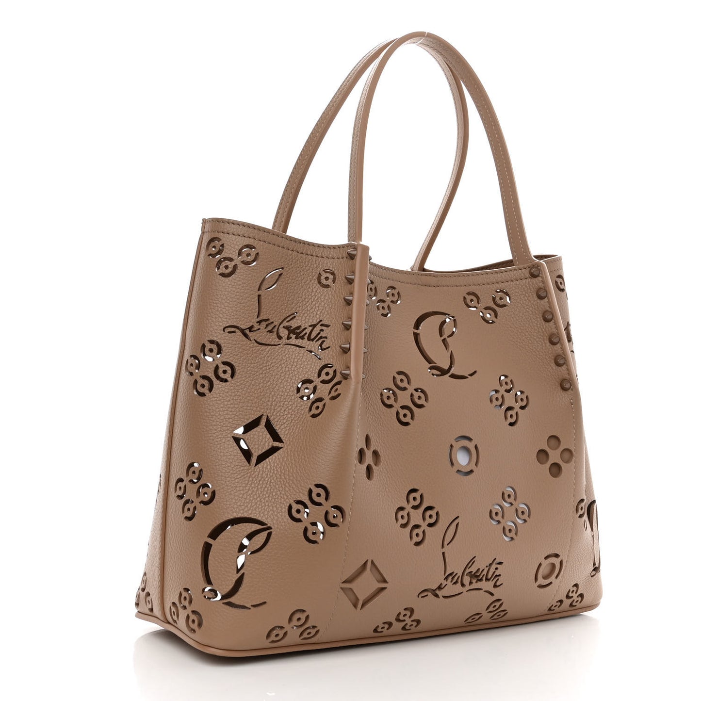 Calfskin Perforated Loubinthesky Small Cabarock Spikes Tote Beige